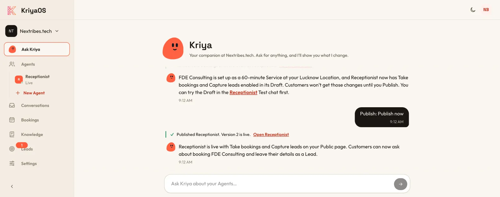 KriyaOS dashboard: Ask Kriya