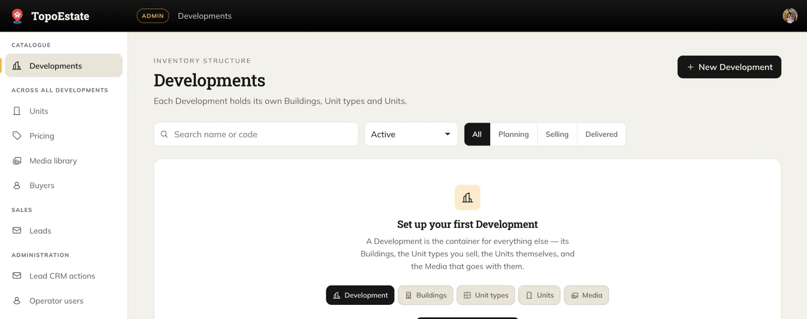 TopoEstate dashboard: Developments