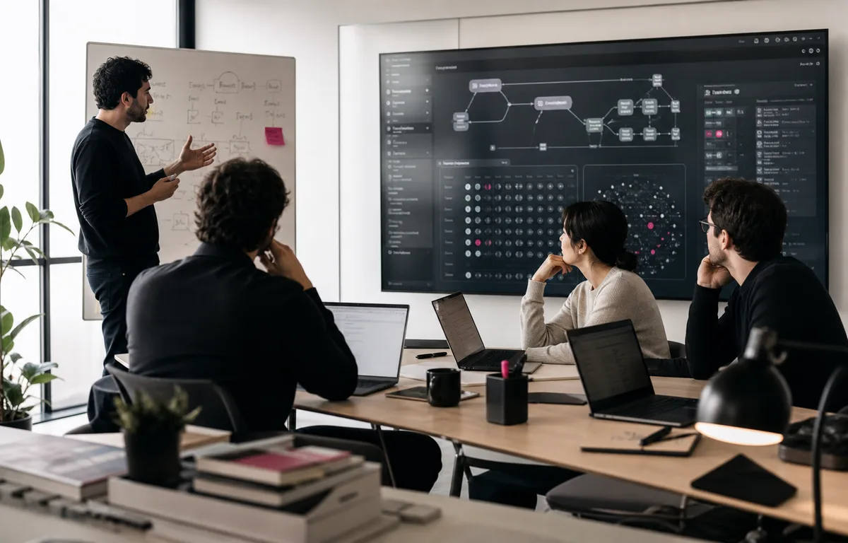 AI consultants and client leaders reviewing an agent architecture in a modern strategy room